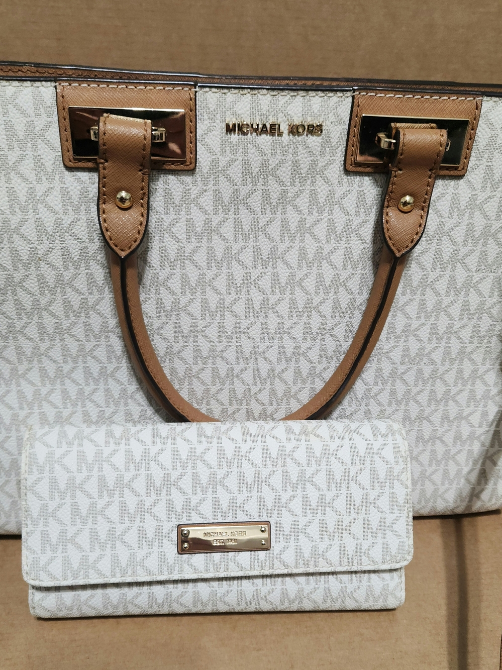 Michael Kors White & Tan Logo Tote with Matching Wallet